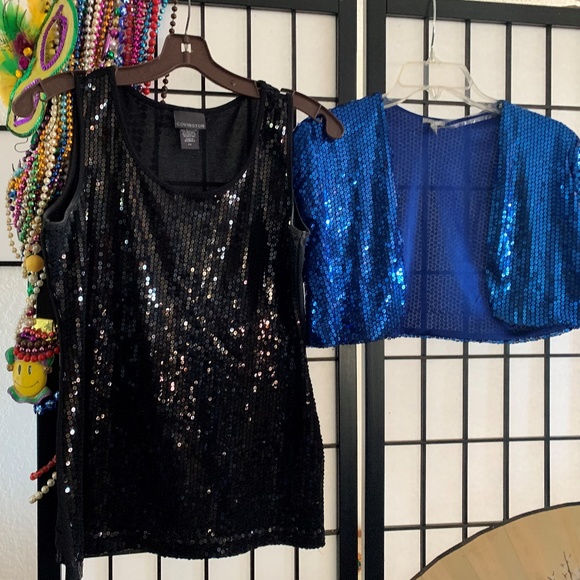 EUC 2 Sequin Bundle Black Top and Blue Cropped Jacket size Small - Picture 1 of 4